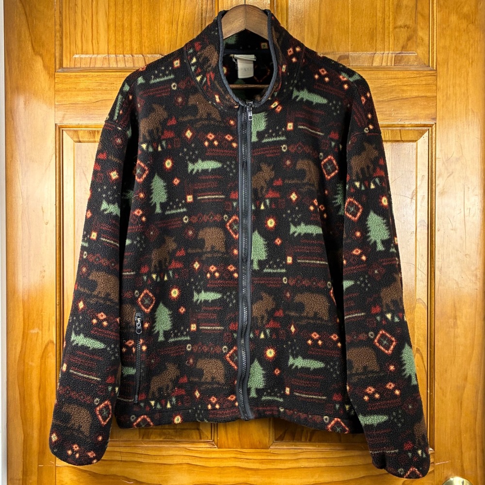 Vintage LL Bean Wildlife Print Full Zip Fleece Jacket Mens XL Bear Moose Unisex
